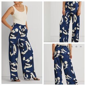 Lauren Ralph Lauren Wide Leg Pants Blue Geometric Pull On Elastic Waist SP